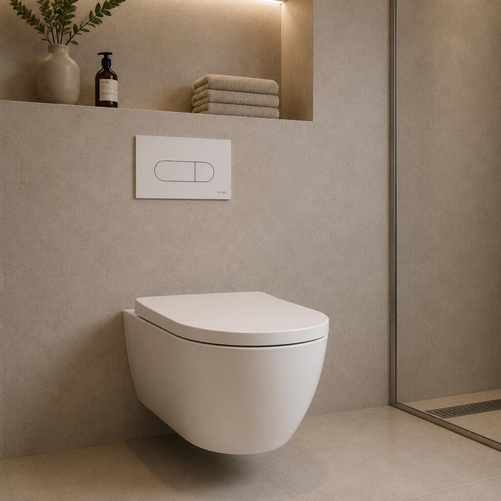 Vitra M60 Round WC-komplekt, Vitra Base Plus plaaditav renntrapp ja kirgas halli anodeeritud profiiliga dušiklaas
