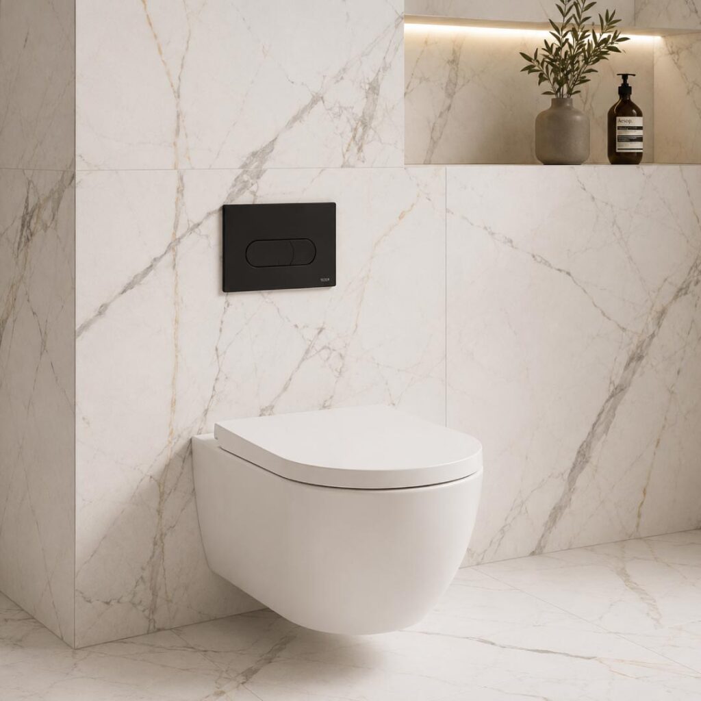 Vitra M60 Round WC-komplekt, Vitra V-Fix Core raam, vaikselt sulguv prill-laud ja Vitra Root Round must loputusnupp
